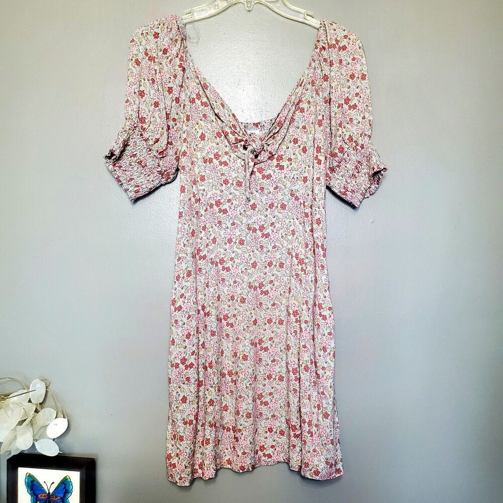 Mimi Chica Dress Size Medium Pink Green Floral Midi Smocking Cottagecore Peasant